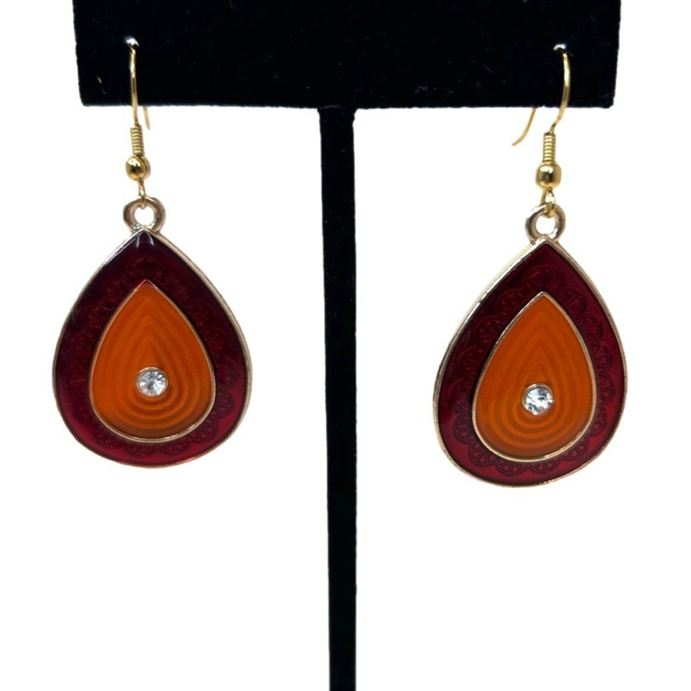 Vintage Dangle Tear Drops Earrings Red Orange With Crystal